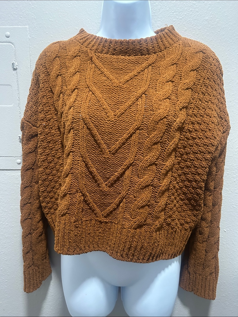 Pink Rose Cable Knit Crewneck Sweater - Rust Orange